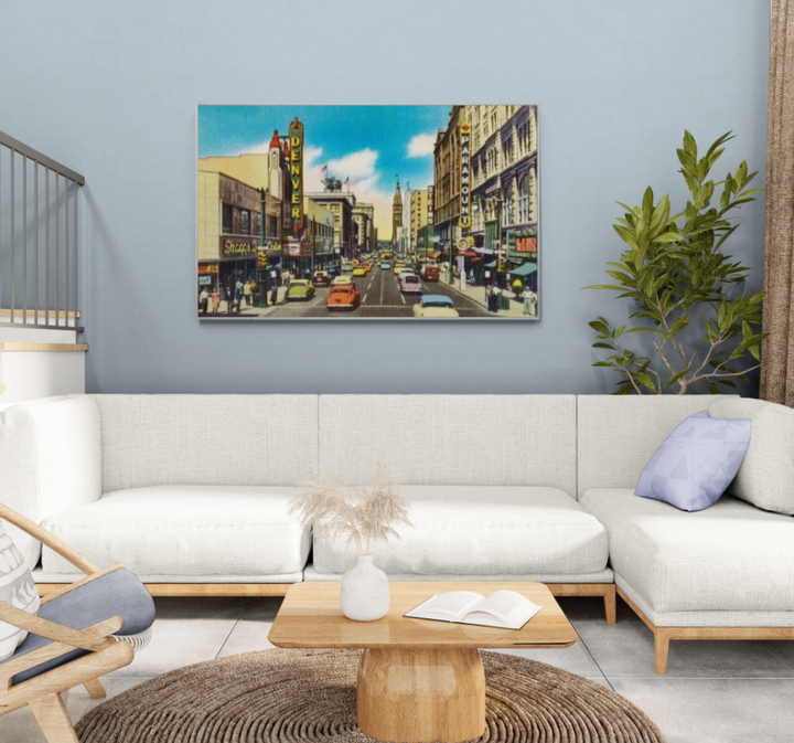 Retro Art Inspo 16th Street and downtown Denver, Colorado. 20th century illustration