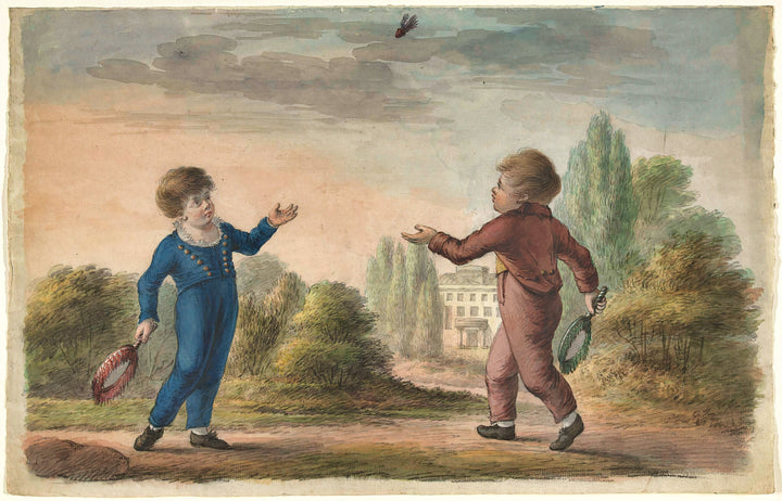 Two boys playing badminton . Date: 1700 - 1800.