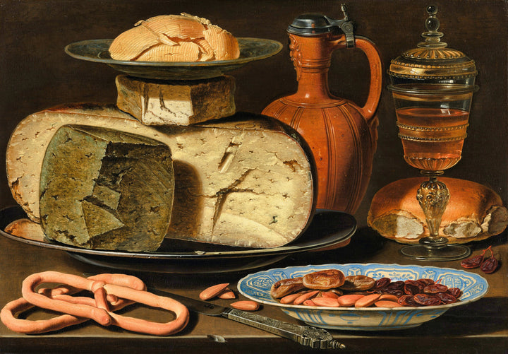 Still Life with Cheeses, Almonds and Pretzels.